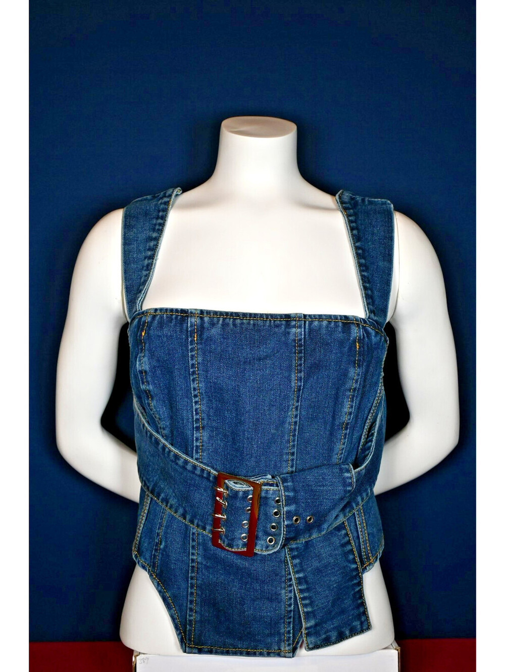 Pretty little Thing Belted Denim Corset Crop Top Blue SIze M Wash Zip Back